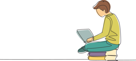 soltero continuo línea dibujo joven masculino estudiando con ordenador portátil y sentado en pila de libros. espalda a escuela, inteligente alumno, en línea educación. uno línea dibujar gráfico diseño ilustración png