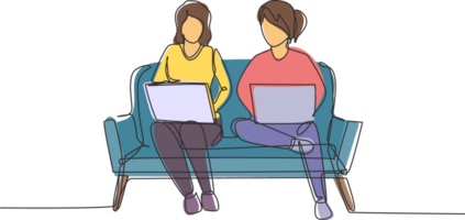 Continuous one line drawing two woman with laptop sitting on the sofa together. Freelance, distance learning, online courses, and studying concept. Single line draw design graphic illustration png