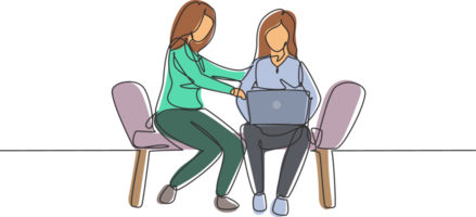 Continuous one line drawing two female with laptop sitting on the chairs together. Freelance, distance learning, online courses, studying concept. Single line draw design graphic illustration png