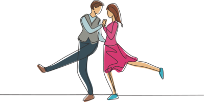 Célibataire continu ligne dessin homme et femme professionnel Danseur couple dansant tango, valse danses sur dansant concours. romantique nuit concept. dynamique un ligne dessiner graphique conception illustration png