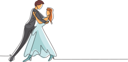 Single einer Linie Zeichnung Mann und Frau romantisch Fachmann Tänzer Paar Tanzen Tango, Walzer Tänze auf Tanzen Wettbewerb Tanzfläche. modern kontinuierlich Linie zeichnen Design Grafik Illustration png