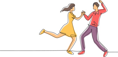 Continuous one line drawing happy couple man and woman performing dance at school, studio, party. Male and female characters dancing tango together. Single line draw design graphic illustration png