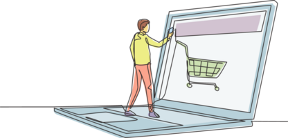 Single kontinuierlich Linie Zeichnung jung männlich Einkaufen online über Riese Laptop Bildschirm mit Einkaufen Wagen innen. Verkauf, Digital Lebensstil Konzept. dynamisch einer Linie zeichnen Grafik Design Illustration png