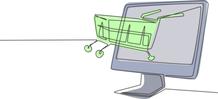 Single one line drawing shopping cart out of monitor screen. Digital lifestyle with internet and gadgets. Sale, consumerism and people concept. Modern continuous line draw design graphic illustration png