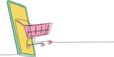 Continuous one line drawing shopping cart out of smartphone. Sale, digital lifestyle, and consumerism concept. E-commerce and digital marketing. Single line draw design graphic illustration png