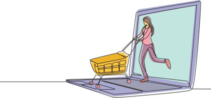 Continuous one line drawing young woman coming out of laptop screen pushing a shopping cart. Sale, digital lifestyle, consumerism people concept. Single line draw design graphic illustration png