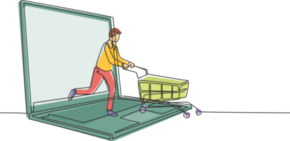 Single one line drawing young man coming out of laptop screen pushing a shopping cart. Sale, digital lifestyle, consumerism concept. Modern continuous line draw design graphic illustration png