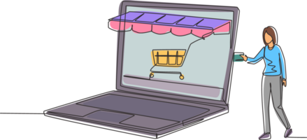 Continuous one line drawing young woman inserting credit card into large canopy laptop screen with shopping cart. E-shop, digital payment concept. Single line draw design graphic illustration png