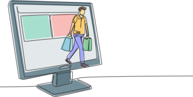 Continuous one line drawing young man coming out of monitor screen holding shopping bags. Sale, digital lifestyle, consumerism and people concept. Single line draw design graphic illustration png