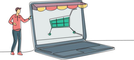 Single continuous line drawing young man inserting credit card into canopy laptop screen with shopping cart. E-shop, digital payment concept. Dynamic one line draw graphic design illustration png