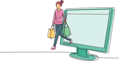 Single continuous line drawing young woman coming out of monitor screen holding shopping bags. Sale, digital lifestyle and consumerism concept. Dynamic one line draw graphic design illustration png
