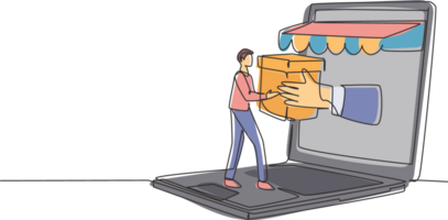 Single continuous line drawing young man receives package box from large canopy laptop screen and hands it over. Digital delivery concept. Dynamic one line draw graphic design illustration png