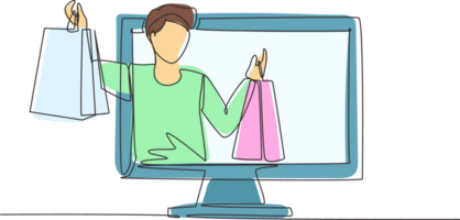 Single continuous line drawing young man coming out of monitor screen holding shopping bags. Sale, digital lifestyle and consumerism concept. Dynamic one line draw graphic design illustration png