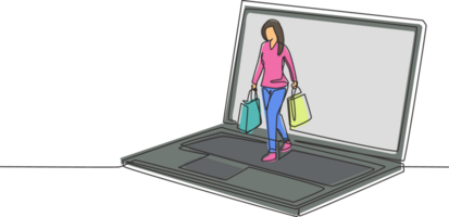 Single einer Linie Zeichnung jung Frau Kommen aus von Laptop Bildschirm halten Einkaufen Taschen. Verkauf, Digital Lebensstil und Konsumismus Konzept. modern kontinuierlich Linie zeichnen Design Grafik Illustration png