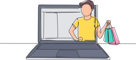 single doorlopend lijn tekening jong Mens komt eraan uit van laptop scherm Holding boodschappen doen Tassen. uitverkoop, digitaal levensstijl en consumentisme concept. dynamisch een lijn trek grafisch ontwerp illustratie png