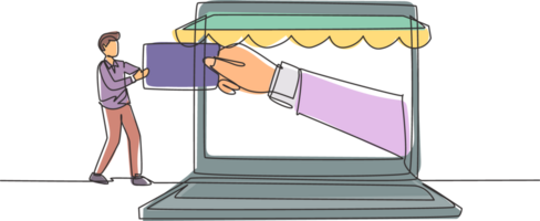 Single continuous line drawing young man inserting credit card into large canopy laptop screen and accepted by hand. Digital payment concept. Dynamic one line draw graphic design illustration png