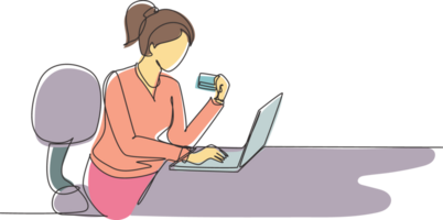 Single one line drawing young woman sitting on chair and typing entering credit card code on laptop around desk. Digital payment concept. Modern continuous line draw design graphic illustration png