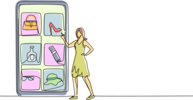 Single continuous line drawing young woman choosing shopping items on a giant smartphone screen. Digital lifestyle with internet and gadgets. Dynamic one line draw graphic design illustration png