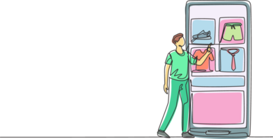 Single einer Linie Zeichnung jung Mann wählen Einkaufen Artikel auf ein Riese Smartphone Bildschirm. Digital Lebensstil mit Internet und Gadgets Konzept. kontinuierlich Linie zeichnen Design Grafik Illustration png