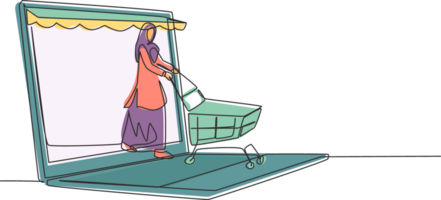 Single one line drawing Arabian woman coming out of canopy laptop screen pushing a shopping cart. Digital lifestyle consumerism concept. Modern continuous line draw design graphic illustration png