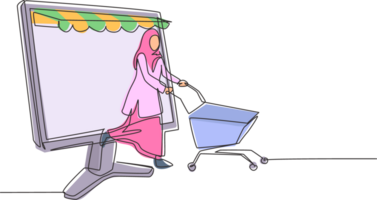 Single continuous line drawing Arab woman coming out of canopy monitor screen pushing a shopping cart. Digital lifestyle consumerism concept. Dynamic one line draw graphic design illustration png