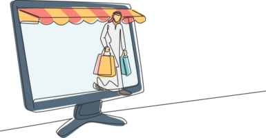 Single continuous line drawing Arab man coming out of canopy monitor screen holding shopping bags. Digital lifestyle and consumerism concept. Dynamic one line draw graphic design illustration png