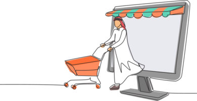 Célibataire un ligne dessin arabe homme à venir en dehors de canopée moniteur écran pousser une achats Chariot. numérique mode de vie consumérisme concept. moderne continu ligne dessiner conception graphique illustration png