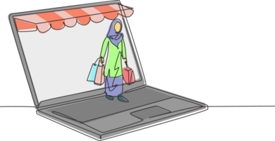 Continuous one line drawing young Arabian woman coming out of canopy laptop screen holding shopping bags. Digital lifestyle and consumerism concept. Single line draw design graphic illustration png