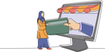 Single continuous line drawing Arab woman inserting credit card into large canopy monitor screen and accepted by hand. Digital payment concept. Dynamic one line draw graphic design illustration png