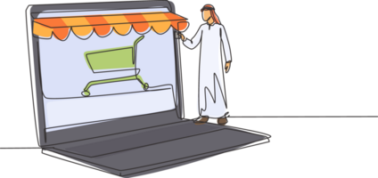 Single continuous line drawing Arabian man inserting credit card into canopy laptop screen with shopping cart. E-shop, digital payment concept. Dynamic one line draw graphic design illustration png