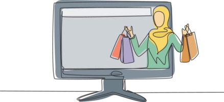 Single continuous line drawing young Arab woman coming out of monitor screen holding shopping bags. Digital lifestyle and consumerism concept. Dynamic one line draw graphic design illustration png