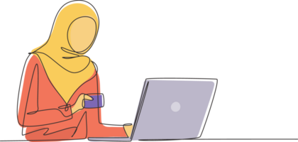 kontinuierlich einer Linie Zeichnung jung arabisch Frau Tippen eintreten Anerkennung Karte Code auf Laptop um Schreibtisch. Digital Lebensstil, E-Commerce, Zahlung Konzept. Single Linie zeichnen Design Grafik Illustration png