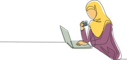 Continuous one line drawing young Arab woman typing entering credit card code on laptop around desk. Digital lifestyle, e-commerce, payment concept. Single line draw design graphic illustration png