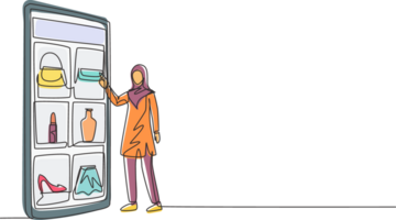 Single continuous line drawing young Arab woman choosing shopping items on a giant smartphone screen. Digital lifestyle with gadgets concept. Dynamic one line draw graphic design illustration png