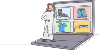 Continuous one line drawing young Arabian man choosing shopping items on a giant laptop screen. E-commerce, digital lifestyle with gadgets concept. Single line draw design graphic illustration png