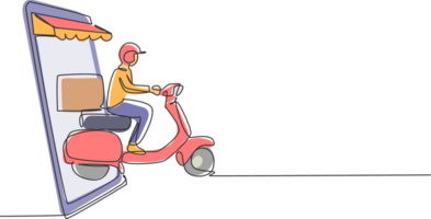 doorlopend een lijn tekening koerier rijden scooter draag- pakket doos uit van reusachtig smartphone scherm met overkapping. online levering onderhoud concept. single lijn trek ontwerp grafisch illustratie png