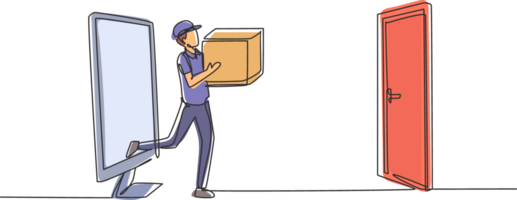 Single one line drawing courier comes out of the monitor screen while carrying package box to customer's door. Online delivery service. Modern continuous line draw design graphic illustration png