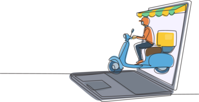 Single continuous line drawing courier riding scooter carrying package box out of giant laptop screen with canopy. Online delivery service. Dynamic one line draw graphic design illustration png