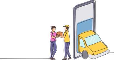 Single one line drawing delivery box car comes out partly from giant smartphone screen. Male courier gives package box to male customer. Modern continuous line draw design graphic illustration png