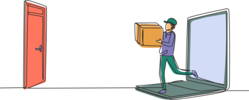 Continuous one line drawing male courier comes out of laptop screen while carrying package box to customer's door. Online delivery service concept. Single line draw design graphic illustration png