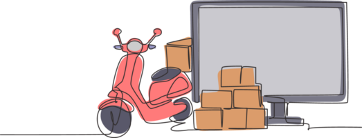 Single one line drawing giant monitor standing in front of courier scooter and pile of package boxes. Online delivery service concept. Modern continuous line draw design graphic illustration png