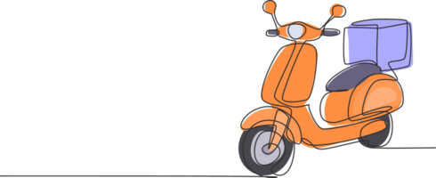 singolo continuo linea disegno scooter con scatola pacchetto. commercio elettronico, in linea acquisti. in linea consegna servizio. veloce consegna pacco concetto. dinamico uno linea disegnare grafico design illustrazione png