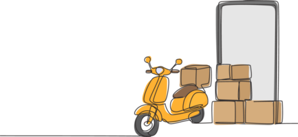 continu un ligne dessin géant téléphone intelligent permanent dans de face de courrier scooter et pile de paquet des boites. en ligne livraison un service concept. Célibataire ligne dessiner conception graphique illustration png