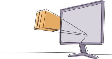 Single one line drawing package box out of monitor screen. Online delivery web concept. Fast respond and package shipping to customer. Modern continuous line draw design graphic illustration png