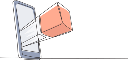 soltero continuo línea dibujo paquete caja fuera de teléfono inteligente pantalla. en línea entrega teléfono concepto. rápido responder entrega paquete Envío en móvil. uno línea dibujar gráfico diseño ilustración png