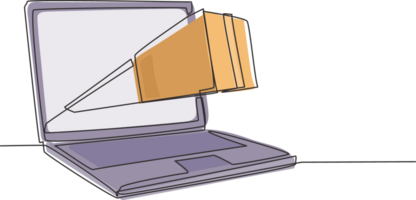 Continuous one line drawing package box out of large laptop screen. Online delivery website concept. Fast respond and package shipping to customer. Single line draw design graphic illustration png
