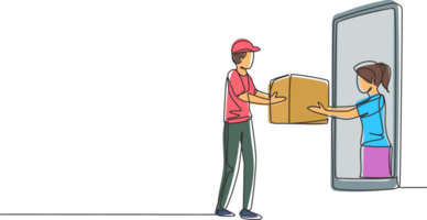 Continuous one line drawing female customer receives boxed package, through smartphone screen from male courier. Online delivery service concept. Single line draw design graphic illustration png