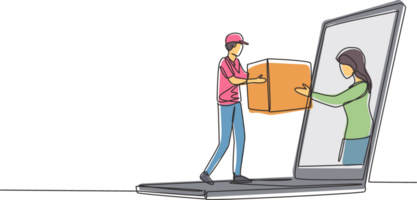 Continuous one line drawing female customer receives boxed package, through laptop screen from male courier. Online delivery service concept. Single line draw design graphic illustration png