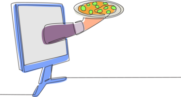 Single one line drawing Hands out of monitor screen with tray open to serve pizza. Order food digitally. Online delivery service concept. Modern continuous line draw design graphic illustration png