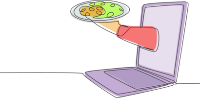 contínuo 1 linha desenhando mãos Fora do computador portátil tela com bandeja aberto para servir pizza. e-shop. ordem Comida digitalmente. conectados Entrega serviço conceito. solteiro linha desenhar Projeto gráfico ilustração png